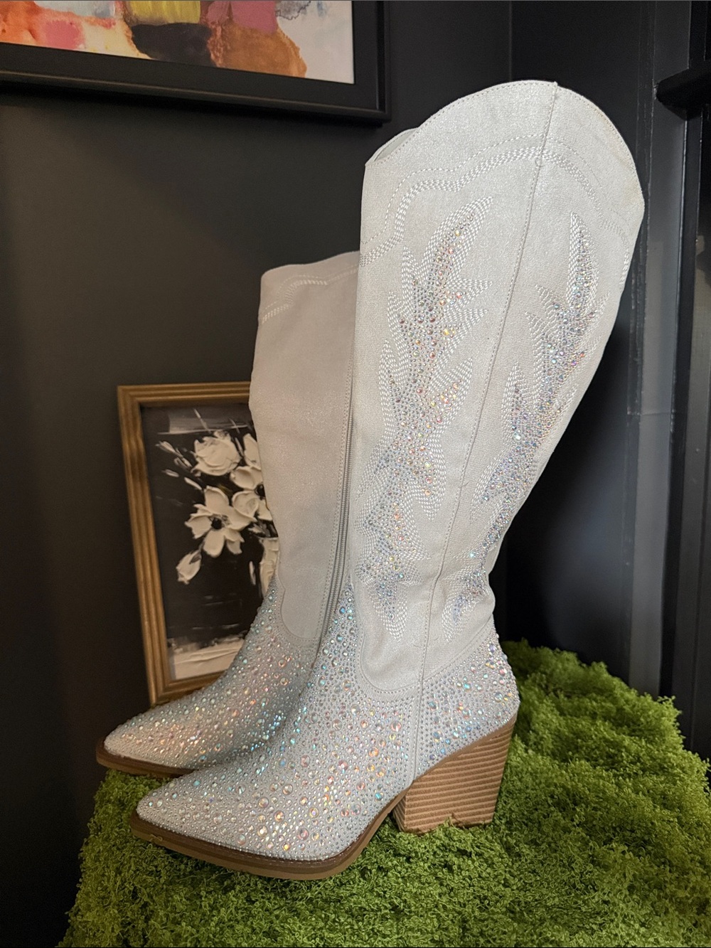 Women's Crystal Embellished White Cowboy Boots